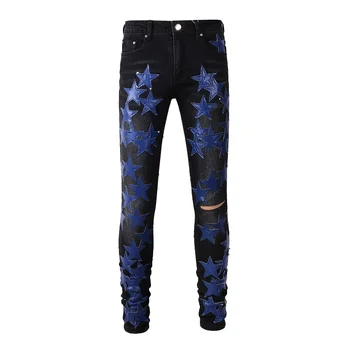 Homens de Preto Angustiado Streetwear de Couro Azul de Estrelas Patches Slim, Skinny Stretch de Alta Moda de Rua Estilo de Jeans Rasgados