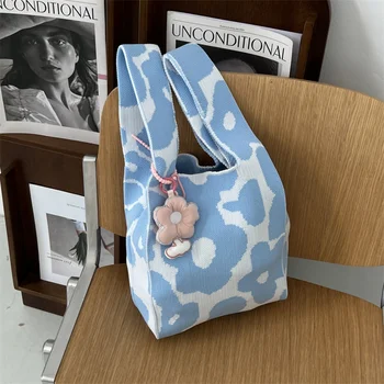 Impressão de flor de Crochê Shopper Bag Tricô Oco de Ombro Saco de Praia Casual Preguiça de Estilo de Bolsa para as Mulheres Sacos de Compras