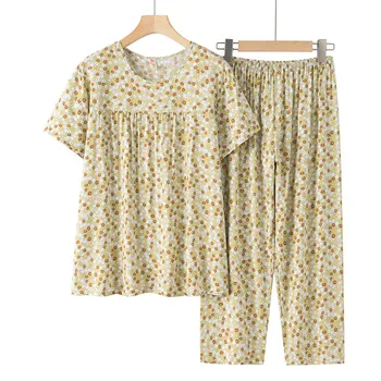 Imprimir a Noite Veste De Mulher de Pijama Conjuntos de roupa de dormir de meia-Idade de 2 peças de Bezerro-Calças de Comprimento Loungewear Mulheres Terno de Verão