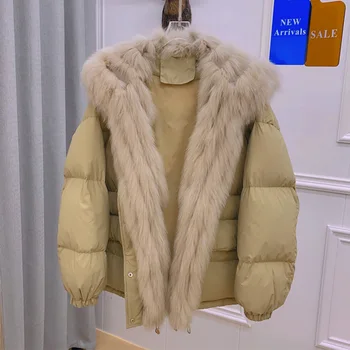 Janveny 2023 De Inverno, Grande Real Fox Fur Collar De Grandes Dimensões Engrossado Puffer Jaqueta Mulheres Quentes De Luxo 90% De Ganso Branco Para Baixo Do Brasão