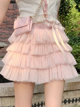 Japonesas Kawaii Lolita Mulheres De Mini-Saia Cor-De-Rosa Branca Elegante Doce Bolo Saia Feminina De Renda Curativo Coreia Saia Bonito De Verão 2023 Novo