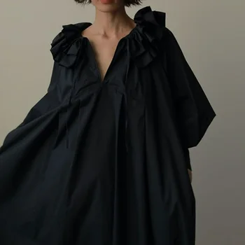 Kuzuwata De Pescoço De V Plissado Curativo Manto Femme Japonês 2023 Vestidos De Mulher Elegante Sólido Cor De Manga Longa Solta Vestidos Casuais