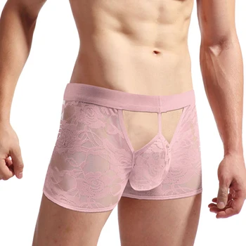 Lace Pura Boxer Shorts Homens Mais Sexy De Lingerie Abrir Virilha Gay Cuecas Ver Através Oco Respirável Boxershorts Masculino