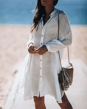 Longa Blusa Vestido de Praia Nadar encobrir as Mulheres 2023 Casaquinho de Chiffon Kaftan Camisa Branca Beachwear Mulheres Top com Mangas