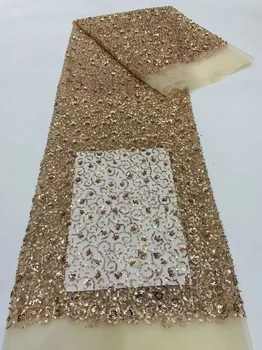luxo africano rendas tecidos de alta qualidade 2023 tule bordado 5 jardas de malha de glitter, lantejoulas roupa de costura cáqui venda direta