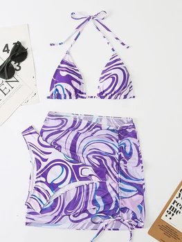 Maiô Mulheres De Tanga 2023 Novo Bikini Swimwear Sexy Três Peças De Biquínis Conjunto De Cabeçada Laço Maiô De Verão De Malha Vestido De Praia