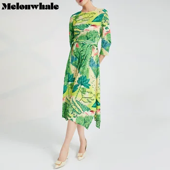 MelonWhale Miyake Plissado Vestido Elegante Impresso com cinto de Mulheres Primavera-Verão 2023 Nova Sanfona Solta Longo Dressees