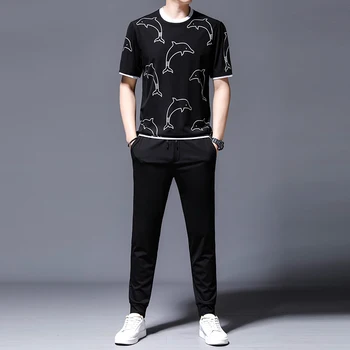 Minglu Impresso Homens Conjuntos (T-shirt+Calça) de Luxo de Manga Curta Esporte Casual, Masculina Ternos de Verão, Elástico na Cintura de Calças de Homem Define 4XL