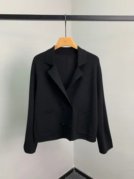 Minimalista double breasted terno elegante gola de casaco de malha preto