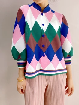 Miyake Dobras Geométricas Impresso Tops 2022 Primavera-Verão Da Nova Solto Botão Único Breasted Cardigan Camisa Jaquetas De Roupas De Grife