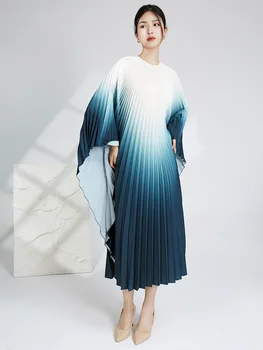 Miyake plissado gradiente de morcego manga do vestido da moda 2023 feminilidade elegante à beira-mar de férias armar a saia longa