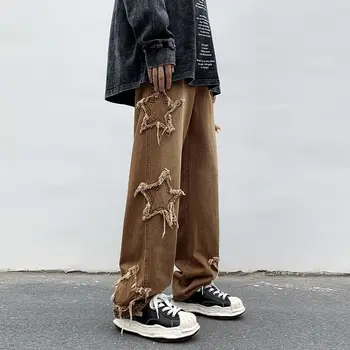 Moda americana Estrelas Bordado em Patchwork de Jeans Oversize Folgado Homens de Calças de Y2K Roupas Reta Hip Hop e Streetwear Calças