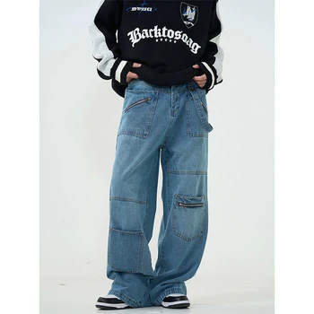 Moda norte-americano clássico azul calças cargo ins alta moda de rua, hip-hop, homens e mulheres, com folga design legal calças jeans