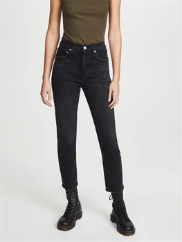 Mulheres Novas Cinza Cintura Alta Reta Calças 2023 Primavera Verão Senhoras-Jogo Slim Jeans Lápis