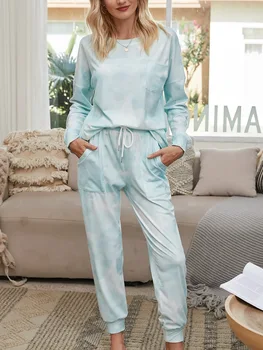 Mulheres Pijama Conjunto Casuais Novo Tie Dye Impressão Homewear Feminino Pijamas Longo Calças De Pijamas Em Casa Terno Feminino Pijama 2 Peças De Conjunto