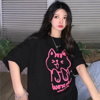 Mulheres T-shirts, Tops Japonesas Kawaii Ulzzang Casual Solta Ins Retro Impressão de Gato Camiseta Feminina coreano Harajuku Roupas Para Mulheres