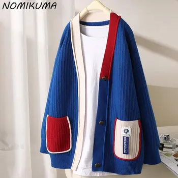 Nomikuma 2023 Outono Inverno Cardigan Suéter Causal de Moda da Cor do Contraste Bolsos do Casaco de Malha coreano Manga Longa com decote em V Jaqueta