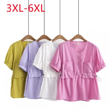 Novo 2023 Senhoras Primavera Verão Plus Size Tops Para as Mulheres de Tamanho Grande, de Manga Curta-O-pescoço-de-Rosa T-shirt 3XL 4XL 5XL 6XL