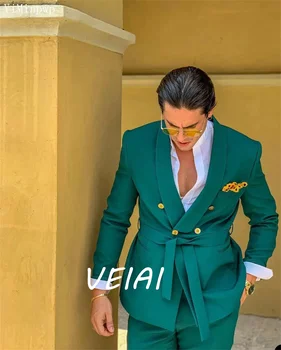 Novo Design Verde Ternos para Homens Pedaço de 2 Conjuntos de Blazer Casual Terno Double Breasted Correia Homens de Viagem Vestir trajes de hombre Jaqueta+Calça