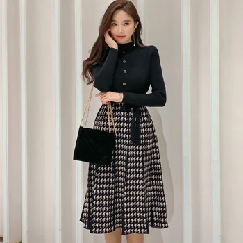 Novo Outono-Inverno Mulheres coreano Malha Houndstooth Manta de Retalhos Camisola de Malha de Alta Cintura de Uma linha de Comprimento do Joelho Vestido de Vestidos