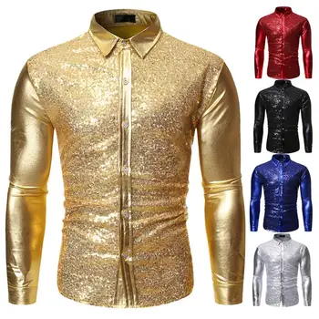 Os homens da Corte 3D de Ouro Brilhante Sequin Design Metalizado Vestido de Camisa de Manga Longa, Botão de Ajuste Fino, Camisa de Homens Fase do Partido Camisa