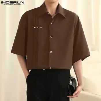 Os homens de Camisa de Cor Sólida Plissado Lapela Manga Curta com Botão de Streetwear Homens Roupas de Verão 2023 Solta coreano Camisas Casuais INCERUN