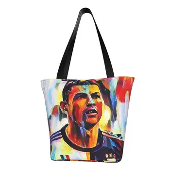 Personalizado CR7 Cristiano Ronaldo, Pintura, Arte de Lona Sacos de Compras Mulheres Durável Mercearia de Futebol do Esporte Tote Shopper Bags