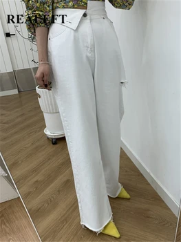 REALEFT 2023 Nova Irregular Buraco Mulheres Brancas com Jeans de Perna Larga, Calças de Cintura Alta, Primavera Verão Casual Jeans Reta Trourses Feminino