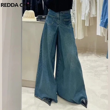 REDDACHiC Mãe Jeans De Perna Larga Oversize Calças Para Mulheres De Cintura Alta Jeans Folgada Com O Azul Do Vintage Acubi De Moda De Senhora, Calças De Y2k Streetwear