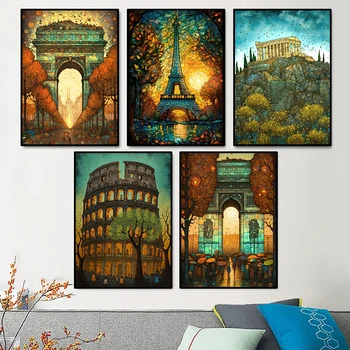 Resumo Edifícios Famosos de Arte de Parede Tela de Pintura de Paris a Torre de Edifícios Cartazes Imprime Nórdicos Fotos de Decoração de Sala de estar