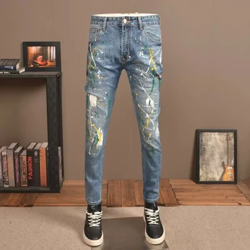 Rua Dos Homens De Moda Jeans Retro Pintadas De Azul Designer Elástico Ripped Jeans Homens Trecho Calças De Hip Hop A Lápis Calças Jeans Hombre