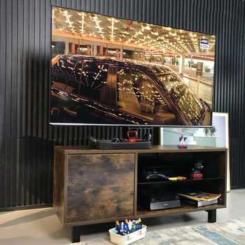 Rústico Marrom TV Console com push-to-abra o Armário de Armazenamento para TV de até 65in de Madeira e vidro, Suporte de TV para a Sala de estar do Quarto