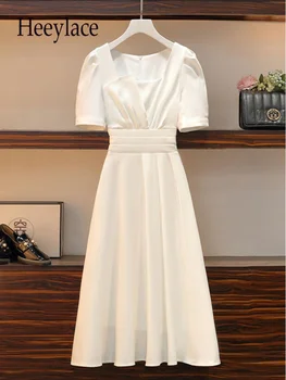 Senhoras Elegantes Vestidos De Verão Para As Mulheres 2022 Moda Francesa Vintage Praça Colar Retro Vestidos Brancos, As Mulheres Vestidos