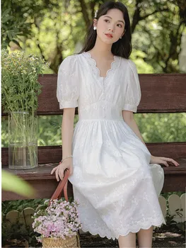 SMTHMA Nova Moda francesa Branco Vestido de Verão Para as Mulheres de Cintura fina de comprimento Médio de Flores Bordado Vestido de Vestidos