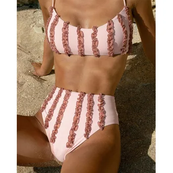 Swimwear das Mulheres 2023 Nova Chegada do Verão Cintura Alta Biquíni 3D Babados Sexy Biquini moda praia moças de maiô cor-de-Rosa