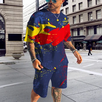 Tendência do verão Pintura da Cor da Impressão 3D dos Homens T-shirt Define Casual O-Pescoço T-Shirt, Calções de 2 peças de Conjunto o Homem da Moda, o Vestuário Pulôver