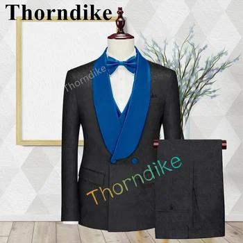 Thorndike Homens de Terno Conjunto de Terno Preto Casaco com Lapela Azul Double Breasted Personalizado 3pcs Suit & Vest & Calças para Homens Groomsman