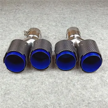 Um Par de Estilo Carro Grelhado Azul Brilhante de Fibra de Carbono, Aço Inoxidável Silenciador de Ponta Carro universal Para o Tubo de Escape Akrapovic