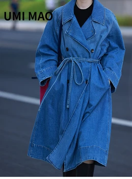 UMI MAO Yamamoto Escuro Slim Vintage Enzima Lavagem de celulose Branqueada de Jeans Feminino Casaco de Algodão Versátil Longo Blusão Mulheres Y2K