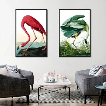 Vermelho, Verde, Pássaros de Lona da Pintura Moderna Guindaste Animal Cartazes e Estampas Nórdicos Arte de Parede Imagem para Decoração Sala de estar