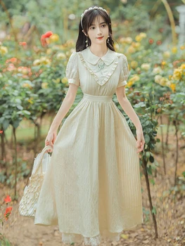 Verão Vintage Cottage Mulher Doce Vestido De Gola Peter Pan Bordado Floral Lace Retro Senhora Elegante Vestidos Vestido Festa