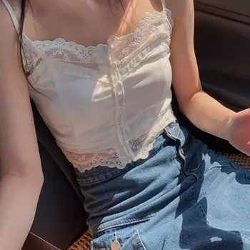 Y2k Crop Top De Laço De Pescoço De V Mini Vest Mulheres Bonito Básica Camis Harajuku Branco Suores Chique Estética Coreano Tee Coquette